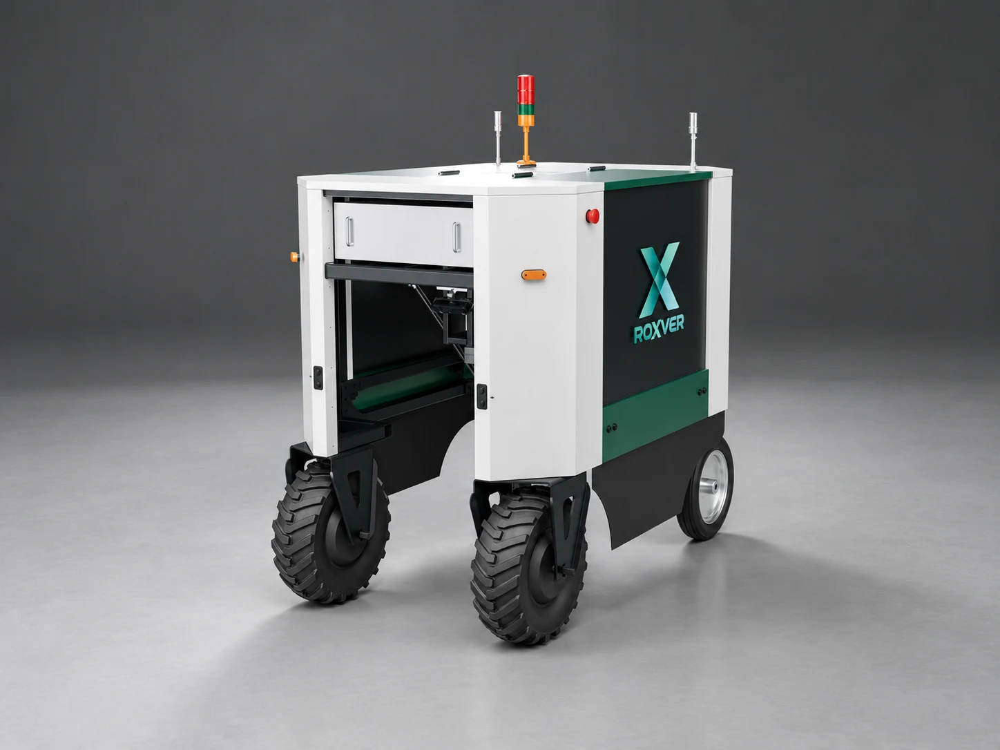 Three-quarter studio view of the ROXVER chassis, enclosure and wheels