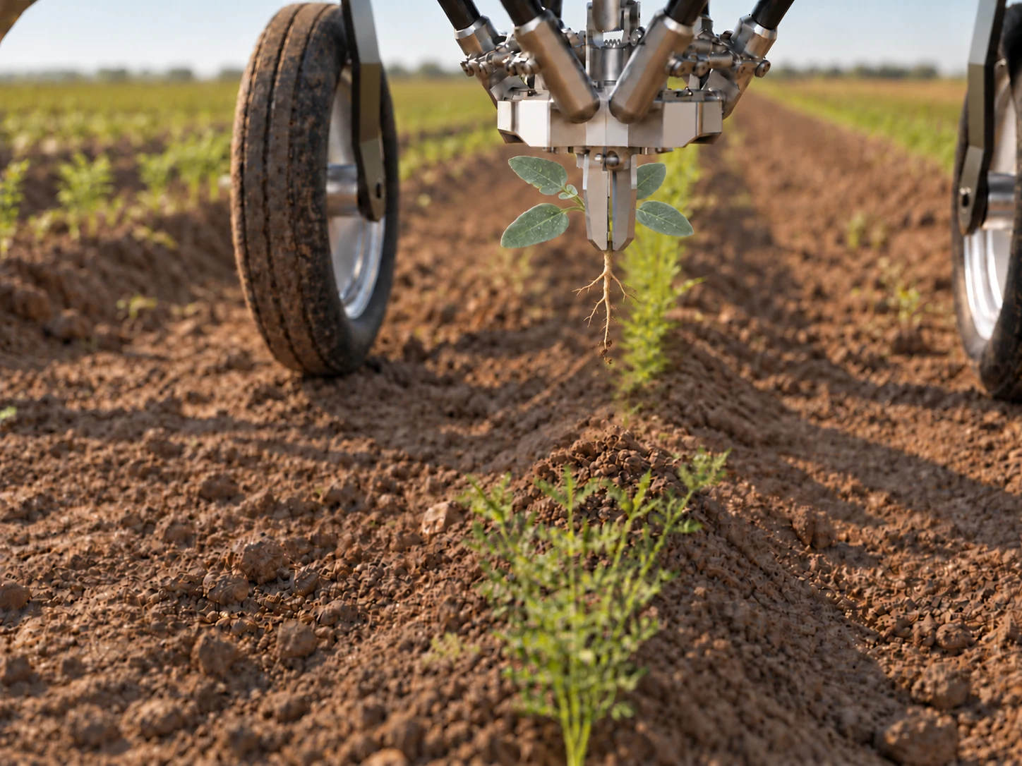 ROXVER’s delta gripper holding a young weed at the root collar, with fine branching roots, above a carrot row